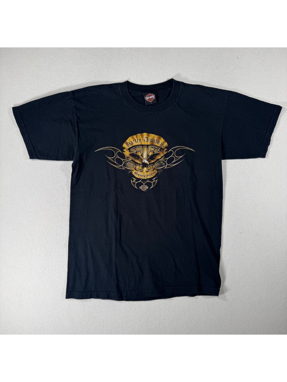 Vintage Harley-Davidson Black Graphic T-Shirt with Eagle and Tribal Design
